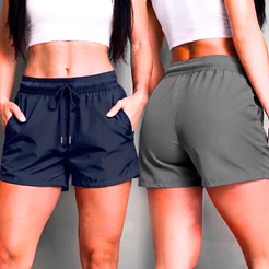 Kit 2 Shorts Tactel Elastano Slim Feminino Academia Secagem Rápida Praia Esporte Fitness Com Bolsos Verão