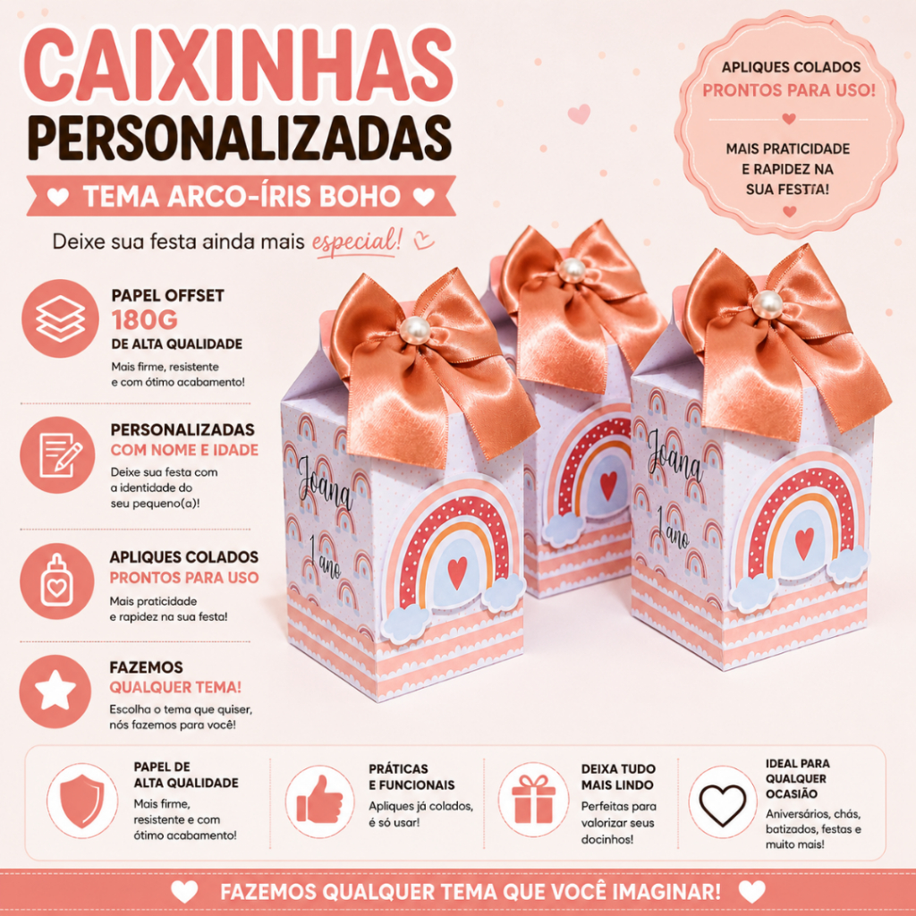 Caixas Personalizadas Arco íris BOHO | Lembrancinha Infantil Arco-íris BOHO | Caixa milk personalizada com nome e idade