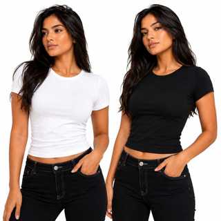 Kit 2 Baby Tee Feminina Blusa de Compressão Camisa Feminina Preta e Branca