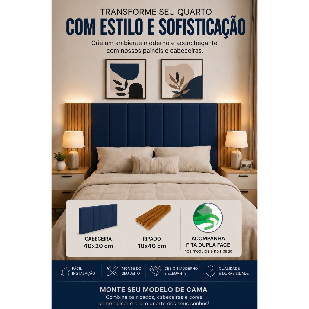 Cabeceira Modular + Painel Ripado Mdf Cama Solteiro Casal Queem e King — imagem 2 de 2