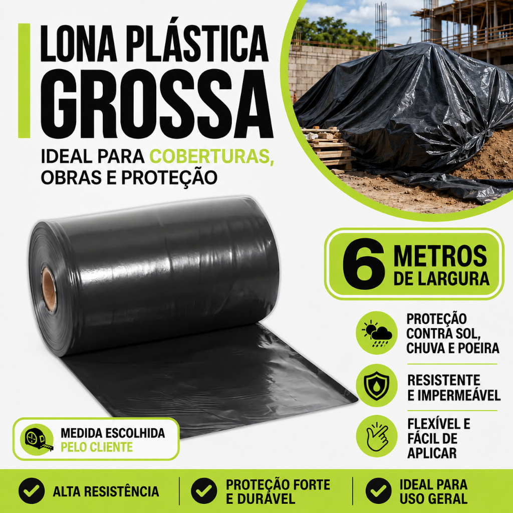 Lona Plástica Reforçada Grossa Polietileno Preta Impermeável 6x5m 6x10m 6x15m 6x20m 25kg