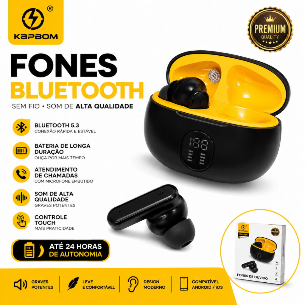 Fone Bluetooth Sem Fio Tws Display Digital Kap Bom 791 Graves Potentes Microfone Android - Miniatura 2