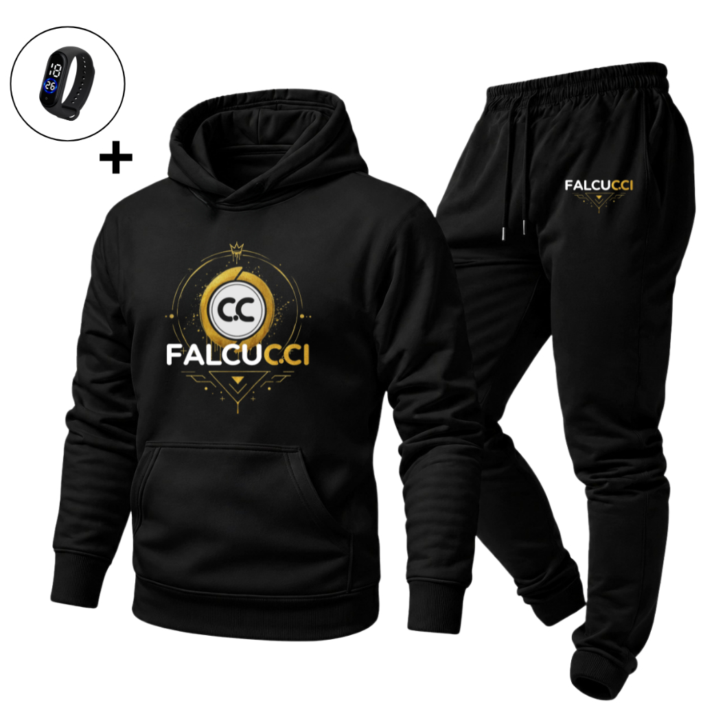 Conjunto Moletom Estampado Falcucci Estiloso Confortável Unissex + Relógio Digital
