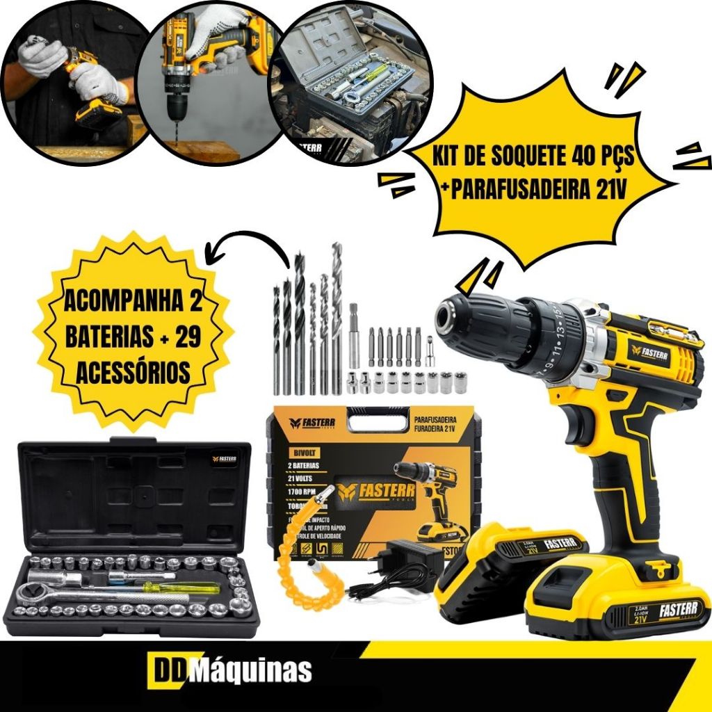 Kit Furadeira Parafusadeira De Impacto 3/8 21V 2 Baterias +29 Acessórios e Maleta + 40 Peças-Fasterr