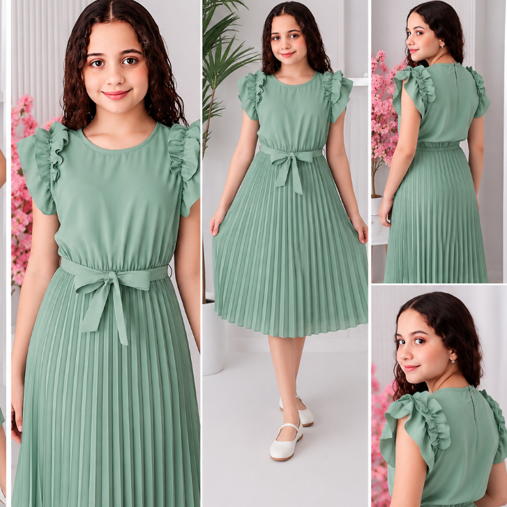 Vestido Juvenil Mídi Feminino Saia Plissada com forro e laço na Cintura detalhe nos ombros