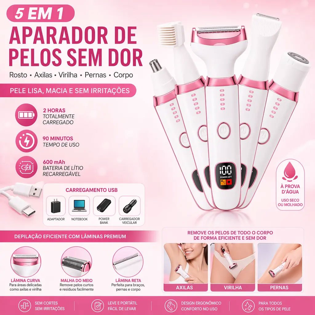 Kit 5 em 1 Depilador Feminino com Display LED, Recarregável USB, À Prova d'Água, para Rosto e Corpo