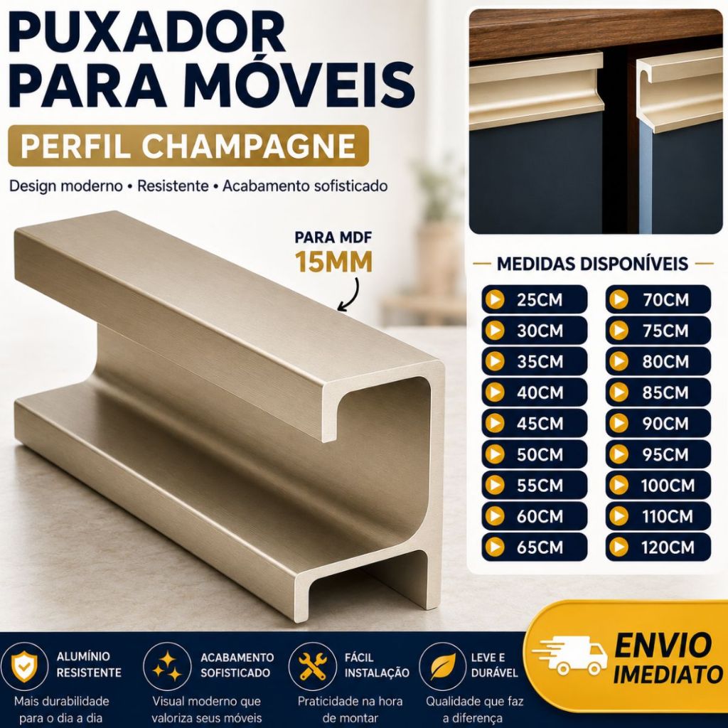 Puxador Perfil De Alumínio Champagne Para Móveis Encaixe Mdf 15mm Gavetas Armário Varios Tamanhos