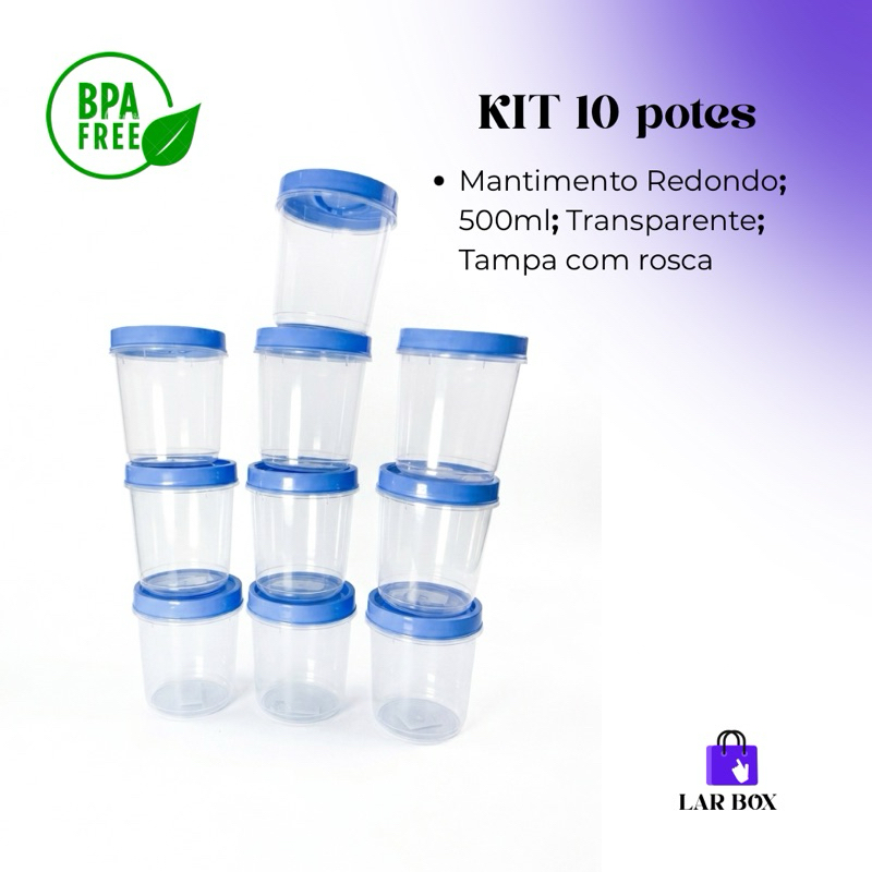 Kit 10 Potes Redondos 500ml com Tampa Rosca | BPA Free | Transparentes | Organizador Multiuso para Mantimentos