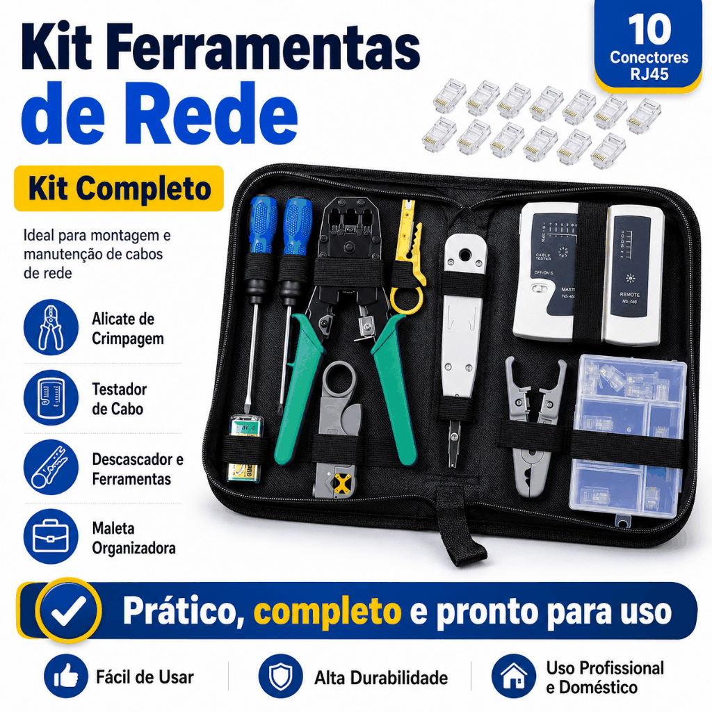 Kit Ferramentas de Rede Internet com Testador de Cabos Alicate Crimpar e Decapador RJ45