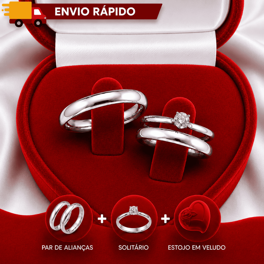 KIT Par Alianças Prata Brilhante Tradicional + Anel Solitário + Caixa de Veludo | Noivado, Compromisso, Namoro