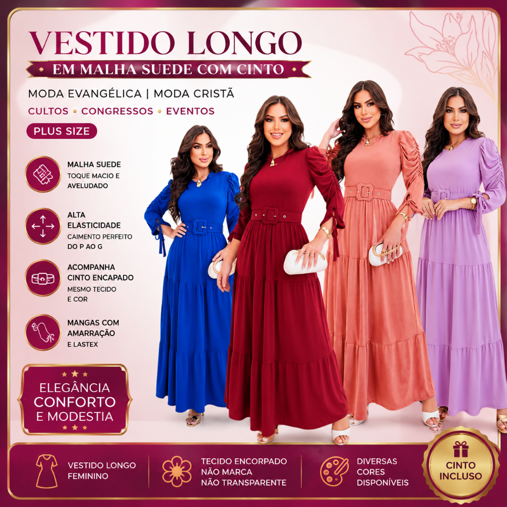 VESTIDO LONGO EM MALHA COM CINTO MANGA LONGA FEMININO PLUS SIZE MODA CRISTÃ P/ CULTO CONGRESSO MODA EVANGÉLICA