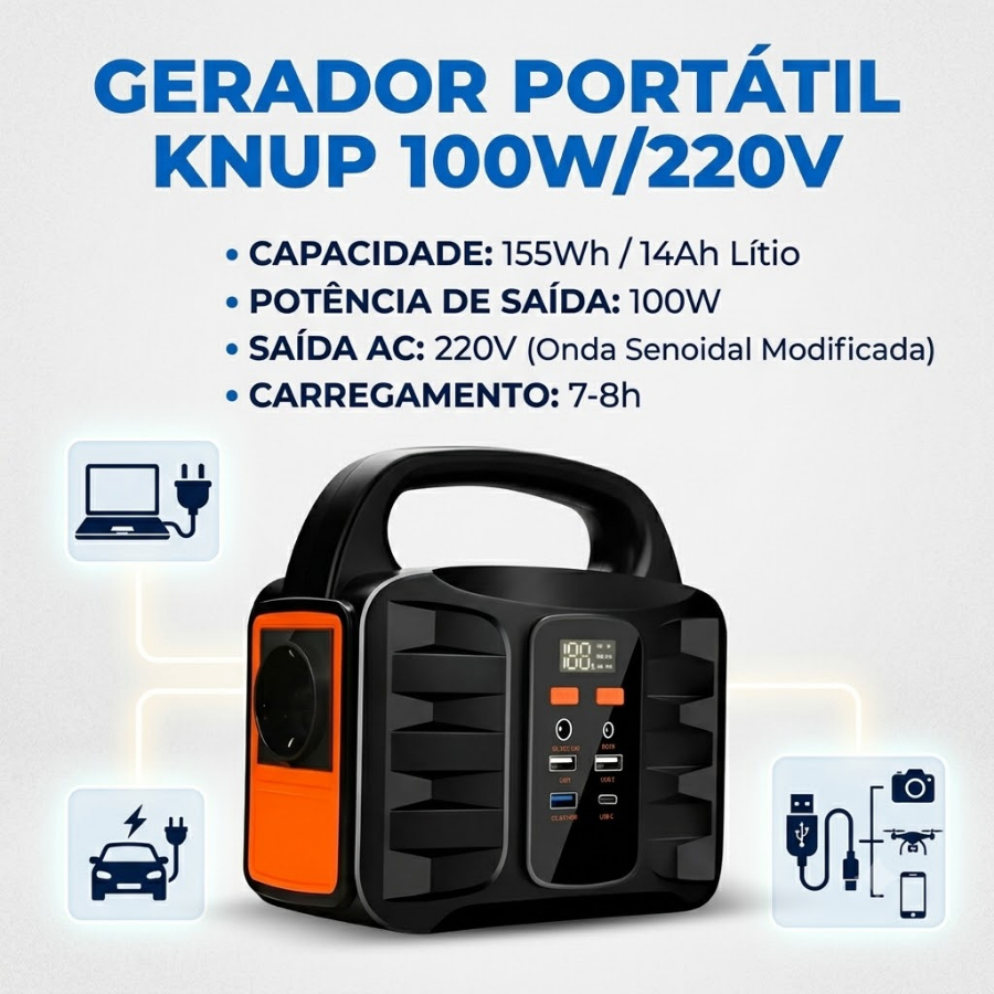 Gerador De Energia Portatil 100w 220v Com Bateria De Lítio Com Visor Led Energia Solar Carregador Inversor Veicular