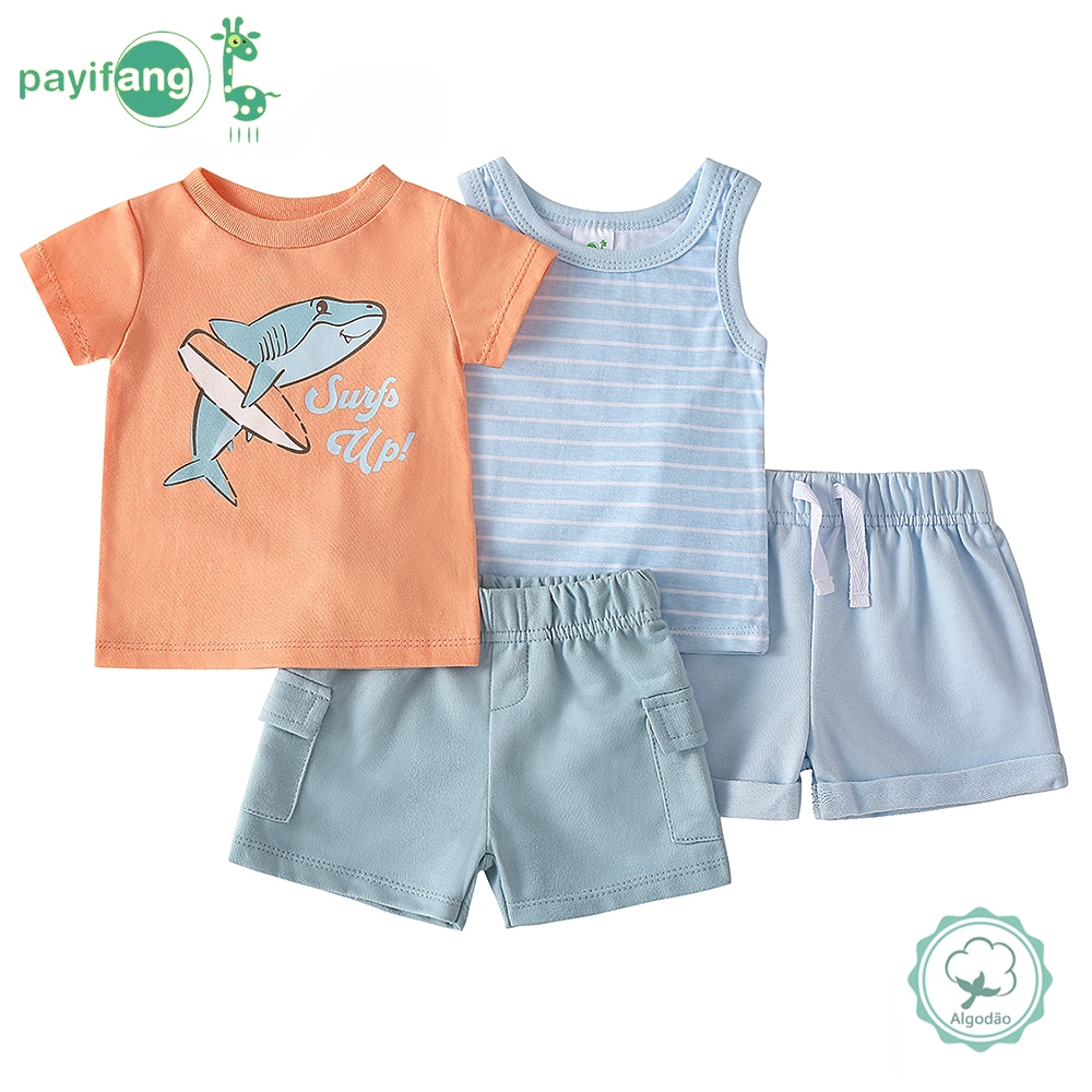 Kit 4 Peças Conjunto Verão Bebê Menino 60% Algodão 40% Poliéster Temática Tubarão Surf TM-4091