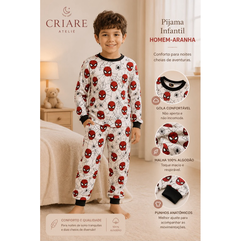 🕷️ Pijama Infantil Homem-Aranha – Modelo Longo ou Curto ❤️