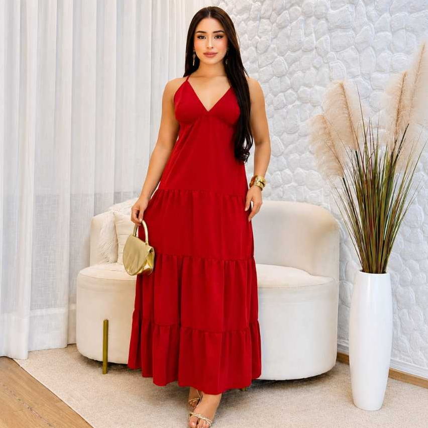 Vestido Longo Feminino Alcinha com Amarração nas Costas Lindo Vestido Soltinho Midi Longo Casual Moda Verão Elegante