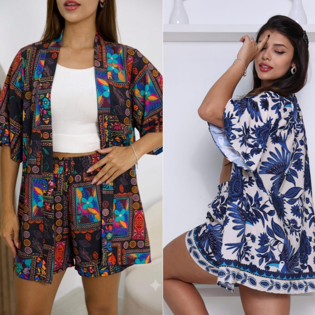 modasmax Conjunto Feminino Kimono E Short Crepinho Estampas Exclusivas