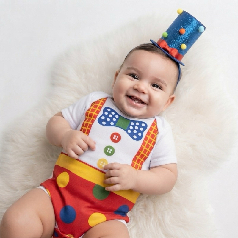 KIT BODY PALHACINHO COM CARTOLA DE EVA MESVERSÁRIO FANTASIA DE BEBÊ PALHACINHO CIRCO