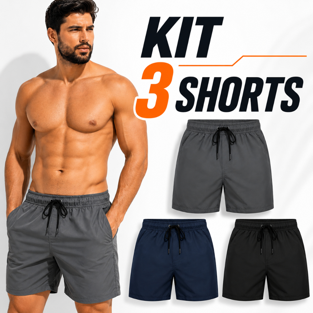 Kit 3 Short Mauricinho Tactel Bermuda Masculina Tectel Grosso Liso Com Elástico Praia Treino