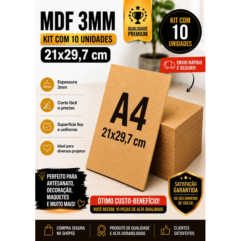 Chapa MDF 3mm Cru 21x29,7cm Kit 10 Unidades - Ideal para Corte a Laser e CNC