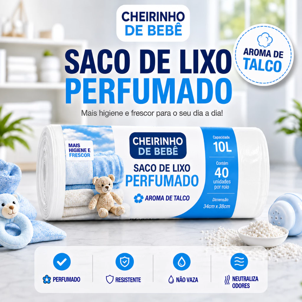 Saco de Lixo Perfumado Aroma Talco 10L 40 Sacos 34x38cm Pia Banheiro Anti Odor Mau Cheiro Resistente — imagem 1