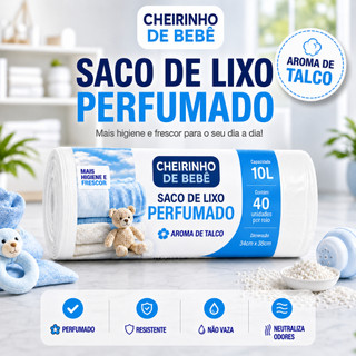 Saco de Lixo Perfumado Aroma Talco 10L 40 Sacos 34x38cm Pia Banheiro Anti Odor Mau Cheiro Resistente