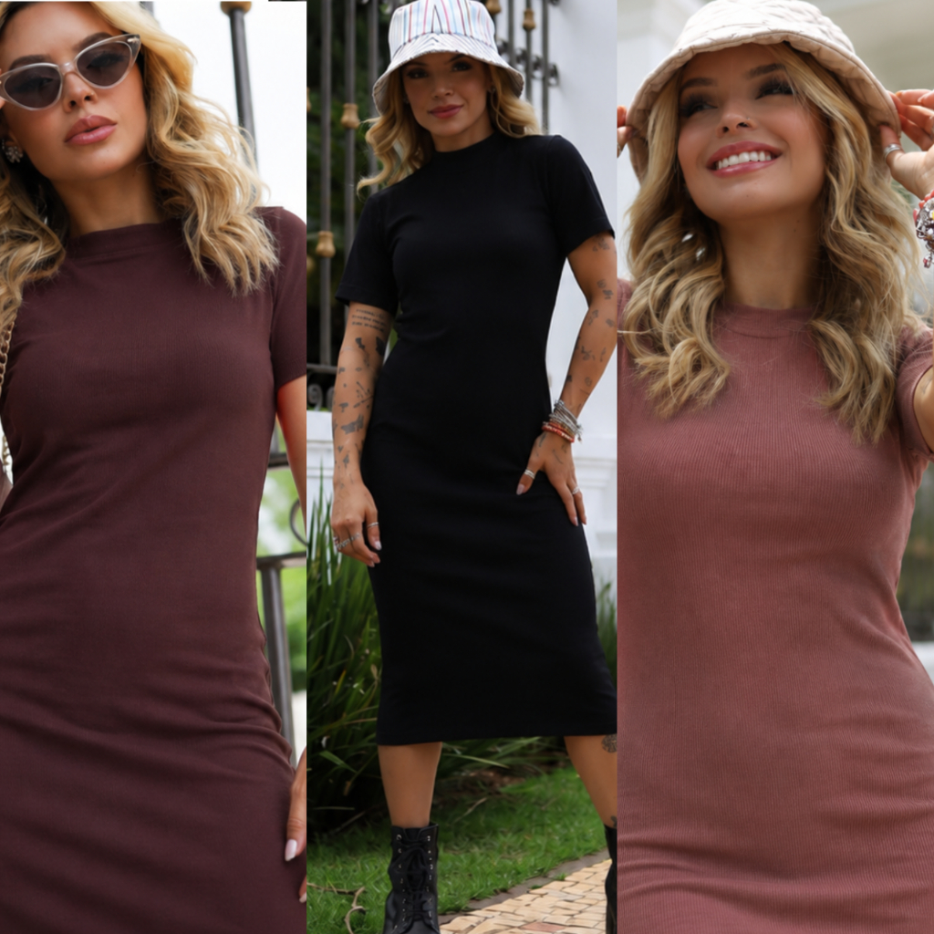 KIT Vestido Midi Tubinho Com Manga E Gola Alta Canelado Feminina Em Ribana  Canelada Com Elastano Estilosa Elegante