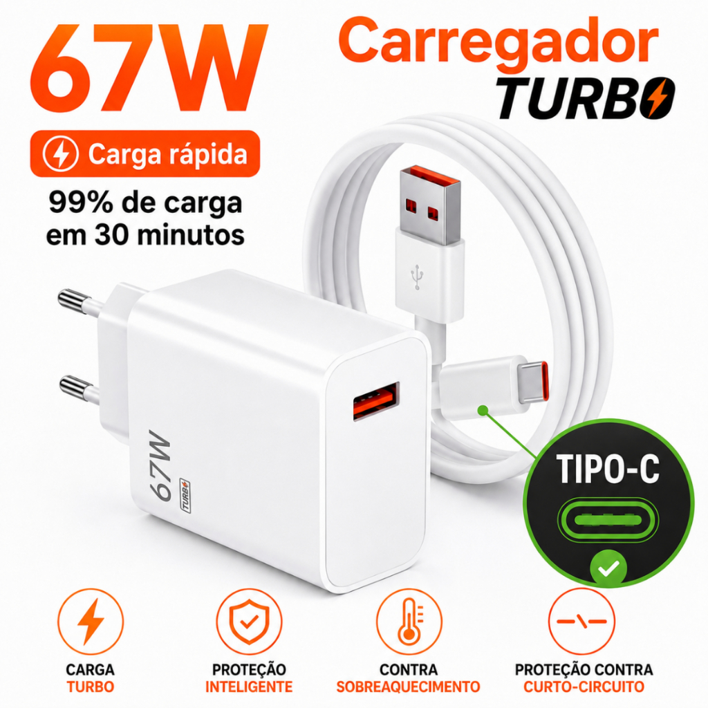 Carregador De Celular Turbo Tipo C 67W Original USB-A Tipo C Com Cabo Carga Rápida Universal Android