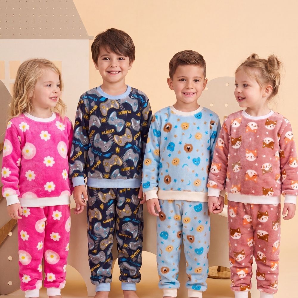 Conjunto Pijama de Fleece Infantil Menina e Menino Soft Plush Peluciado Inverno Quentinho
