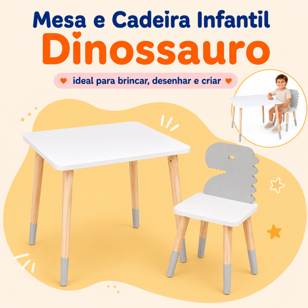 Mesa Cadeira Infantil Dinossauro Madeira Brinquedo Mobiliário Quarto Pedagógico Montessori Kit Livro
