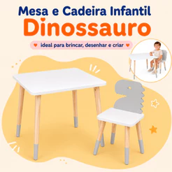 Mesa Cadeira Infantil Dinossauro Madeira Brinquedo Mobiliário Quarto Pedagógico Montessori Kit Livro