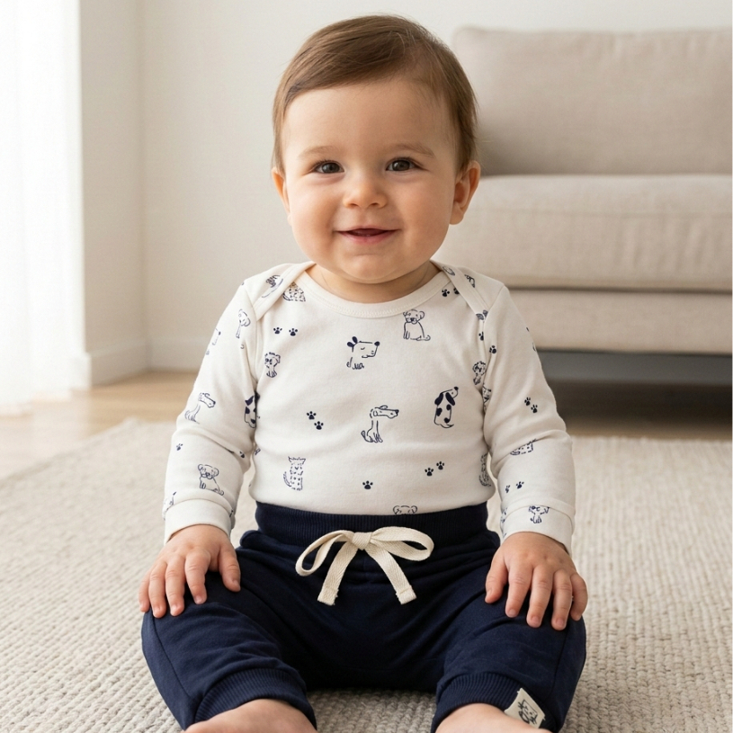 Conjunto Body Bebê Menino Estampa Cachorrinho Suedine Premium + Calça Saruel Moletom 2 peças Inverno