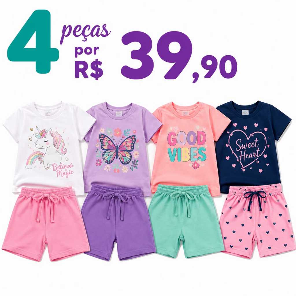 Kit 4 Peças de Conjuntos Verão Menina Infantil e Juvenil Tamanho 01 ao 14 anos