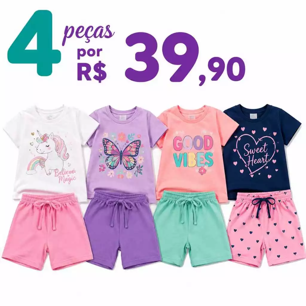 Kit 4 Peças de Conjuntos Verão Menina Infantil e Juvenil Tamanho 01 ao 14 anos — imagem 1