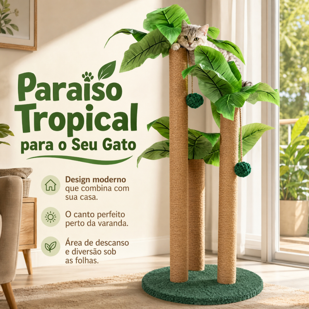 Newpet-Arranhador Três Alturas de Sisal 80cm com Folhas de Bananeira, Base Larga Anti-tombamento para Gatos