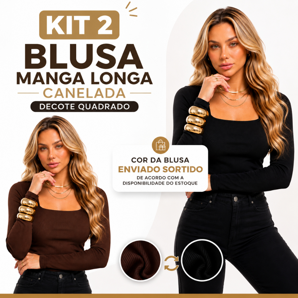 Kit 2 Blusas Femininas Manga Longa Caneladas Decote Quadrado Básica Elegante Inverno