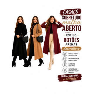 CASACO SOBRE TUDO FEMININO LONGO PRETO ESTILO CAPA PONCHO COM MANGA LONGA E BOTÕES ABERTO SOBRETUDO PLUS SIZE SOCIAL