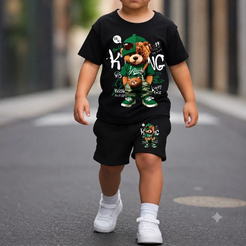 conjunto de moda de verão para meninos com estampa de king camiseta de manga curta shorts macio casual para o dia a dia