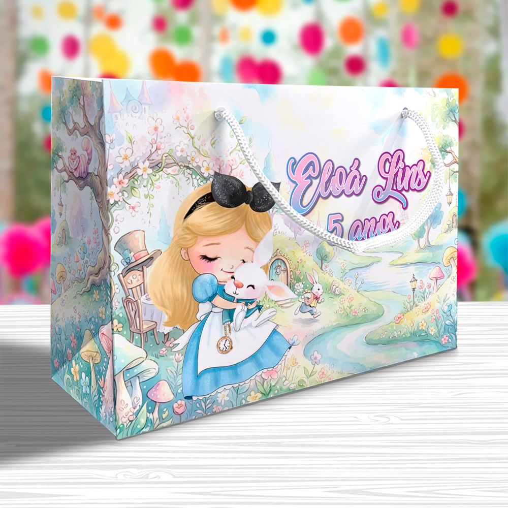 Sacolinha Alice no País das Maravilhas Personalizada Festa Lembrancinha Kit Festa Princesa Princesas Sacola Deitada Reta