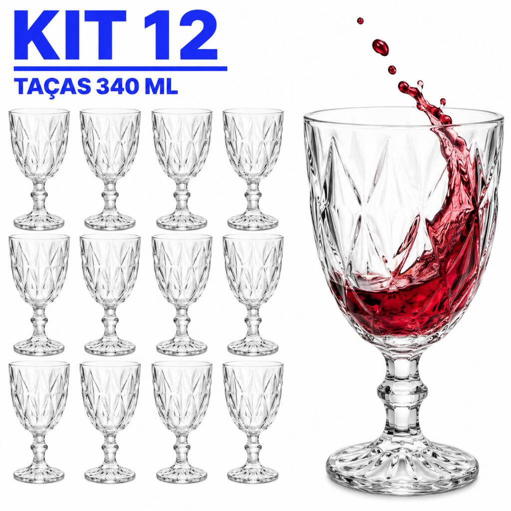 Jogo De 12 Taças De Vidro Diamond 340ml Transparente