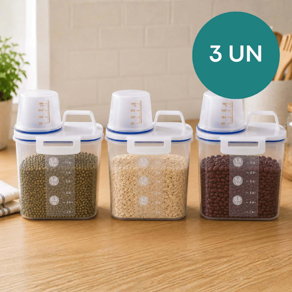 Kit até 3 Pote Hermético 1,5kg Cozinha com Copo Medidor Dosador Porta Mantimentos Grãos Farinha Organizador Tampa Segura