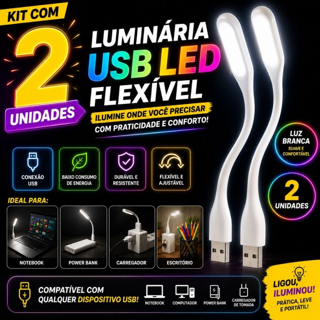 Kit 2 Mini Luminária Led USB Luz Portátil Lampada Abajur Notebook Flexível