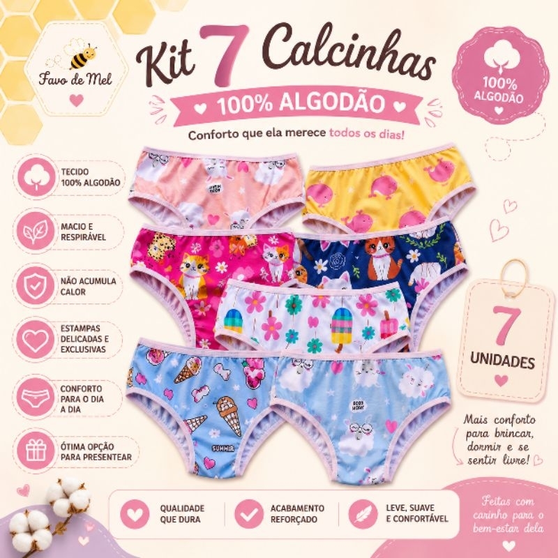 Kit 7 Calcinhas Infantil Menina 100% Algodão Confortáveis Macias Estampas Sortidas Forro em Algodão