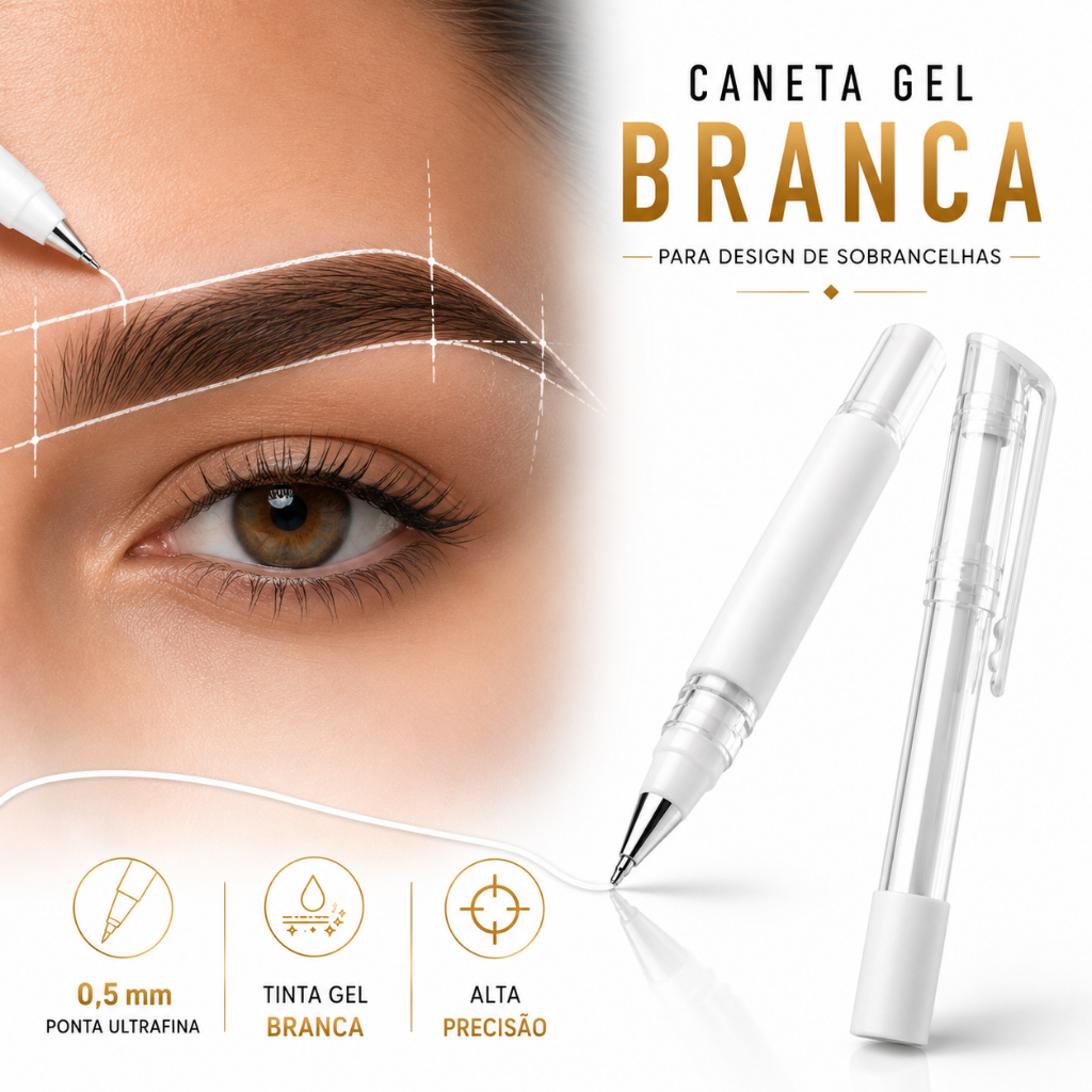 Caneta Gel Branca 0,8mm Para Design de Sobrancelhas, Micropigmentação, PMU e Mapeamento Profissional Apagável
