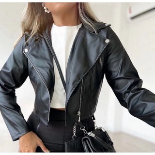 Casaco Feminino de Couro Sintético Jaqueta Estilosa | Roupa Feminina Motoqueira |  Tam. P, M e G