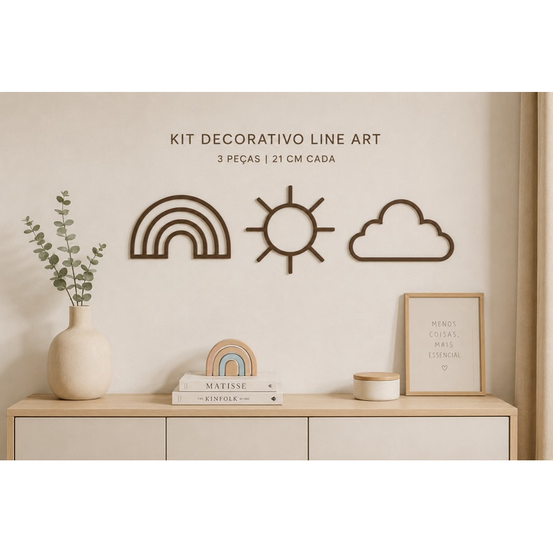 Kit Decorativo Parede Infantil Line Art Arco-Íris Sol Nuvem 3 Peças 21cm Decoração Quarto Bebê