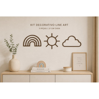 Kit Decorativo Parede Infantil Line Art Arco-Íris Sol Nuvem 3 Peças 21cm Decoração Quarto Bebê