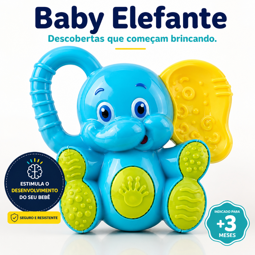Chocalho Mordedor Bebê Elefante Sensorial Brinquedo Educativo Infantil +3 Meses