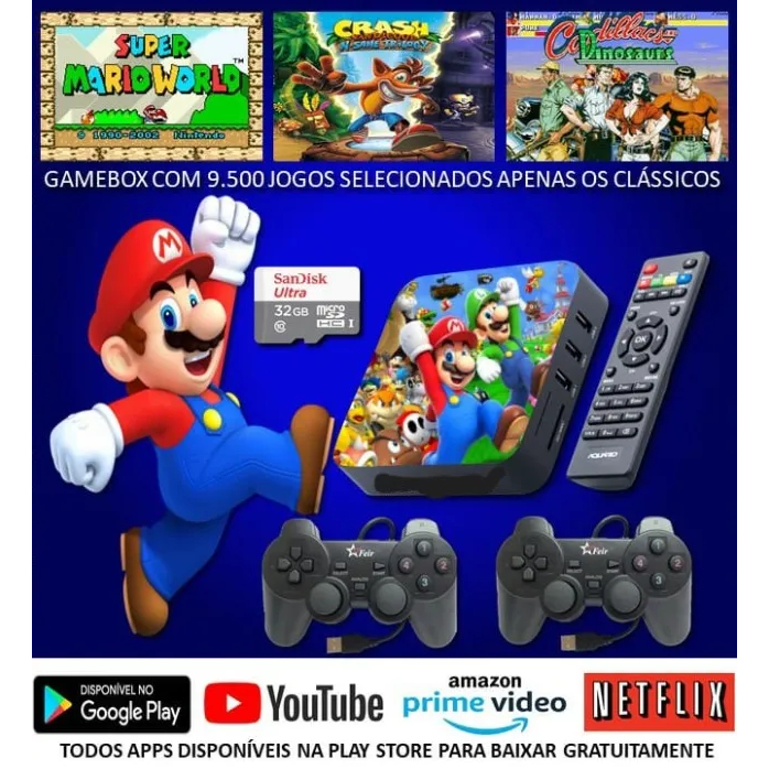 Console Game Pro 10Mil Jogos Retrô + 2 Controles Sem Fio e Play-store