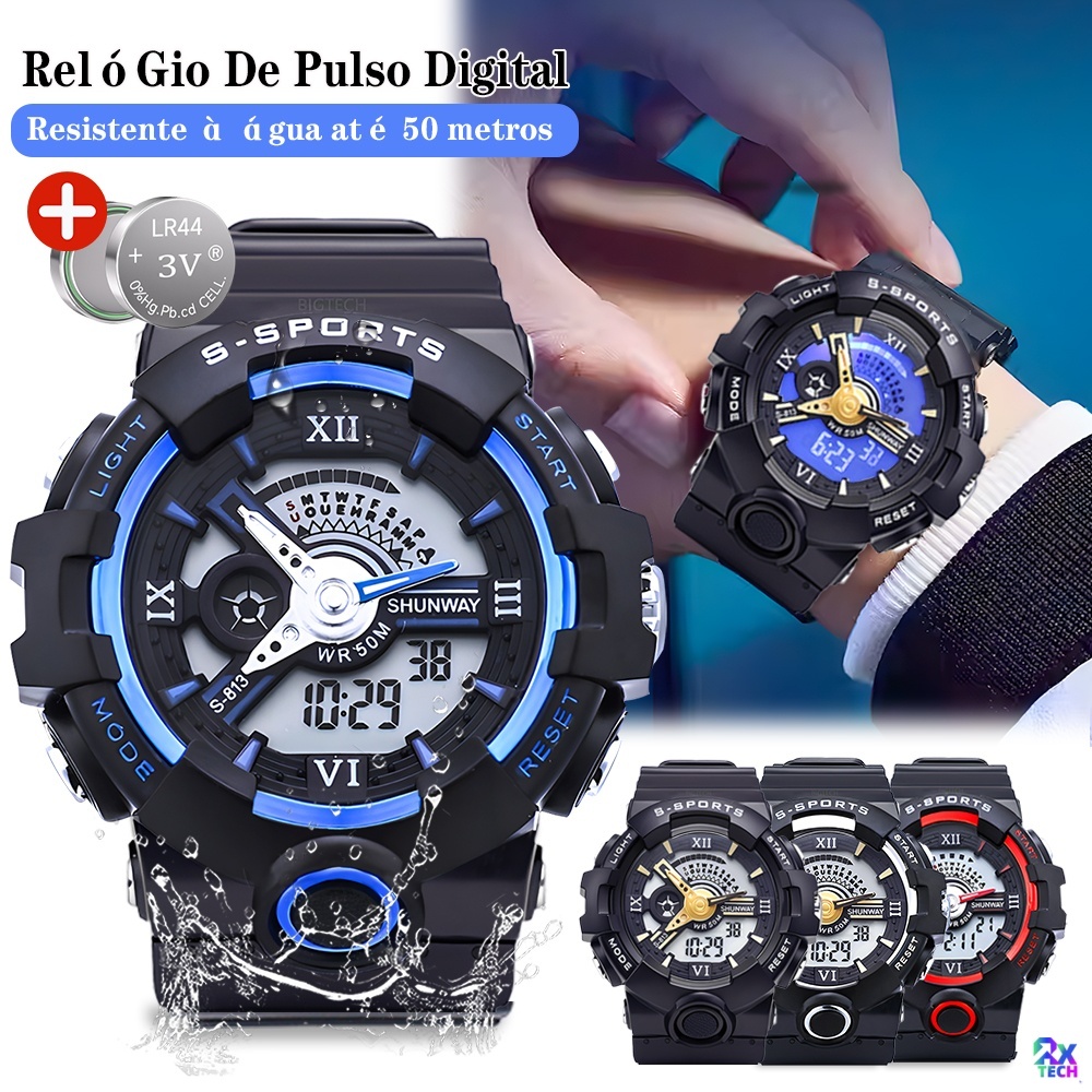 Relógio Digital A Prova Dágua Masculino 50M Com Esportiva Cronógrafo Brilha No Escuro LED Display