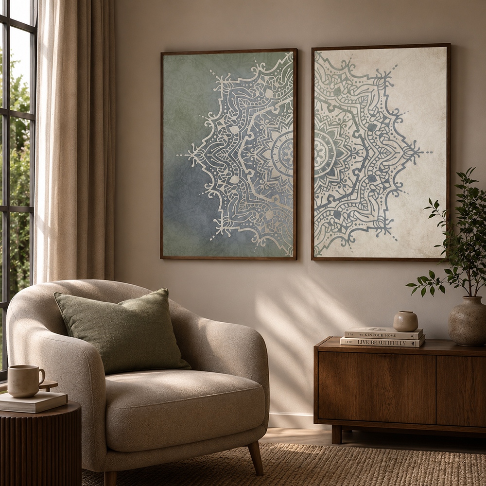 2 Quadros Decorativo Mistico Reflexões em Mandalas com Moldura para Sala Quarto Escritorio